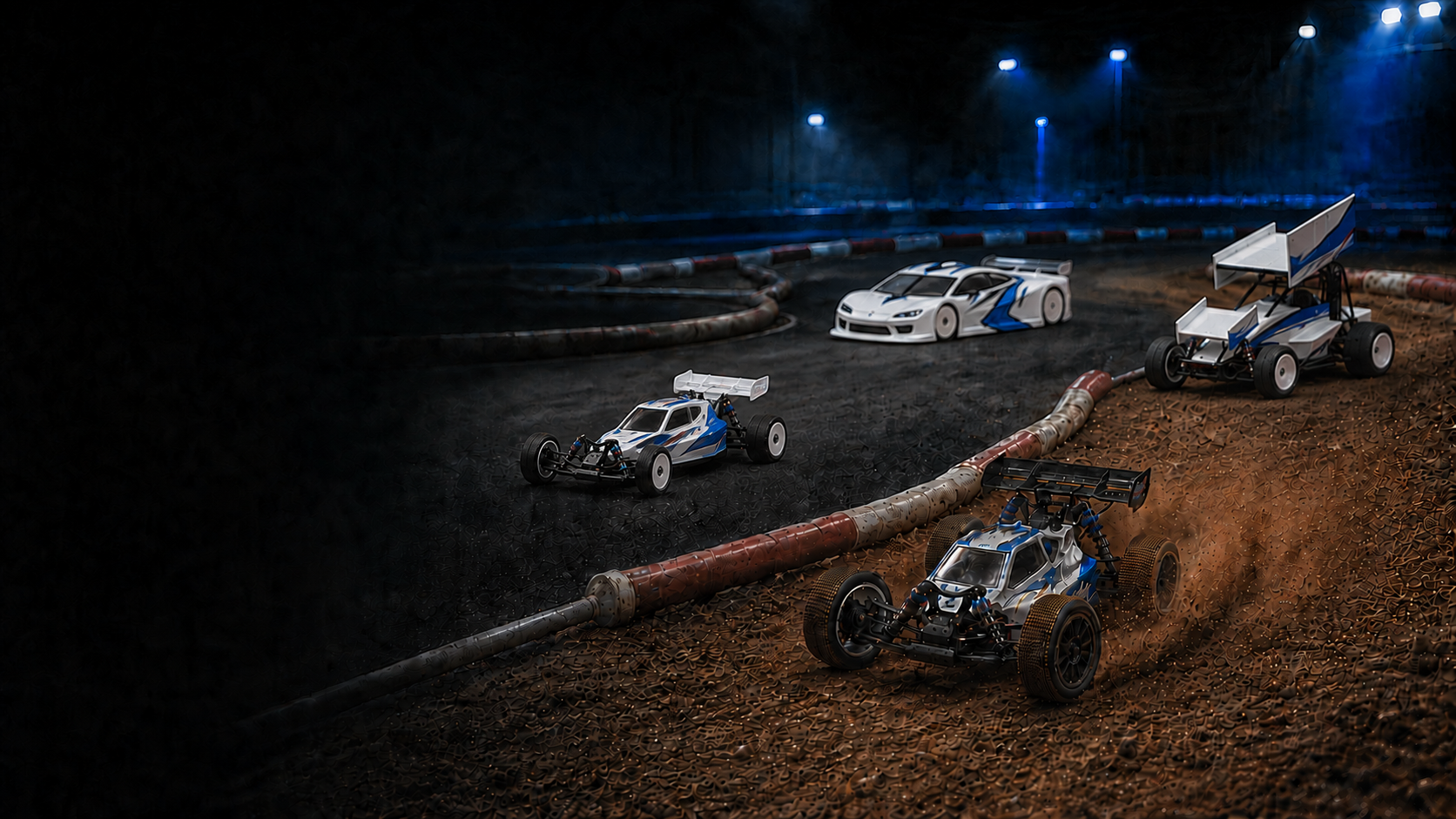 Competition RC carpet buggy, touring car, oval sprint car, and dirt buggy racing at night